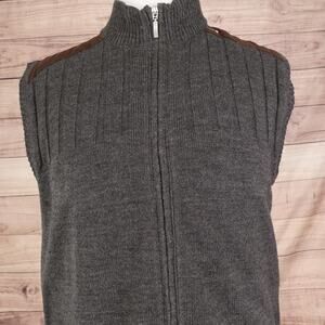 Alan Flusser Sweater Vest Mens Large Gray Full Zip Mock Neck Faux Suede Patches